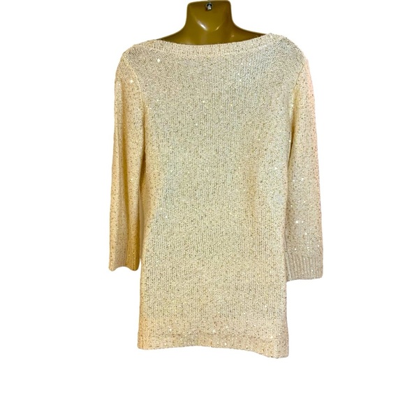 New Anne Klein cream knit lightweight sweater sparkly mini gold sequins M - Picture 7 of 13